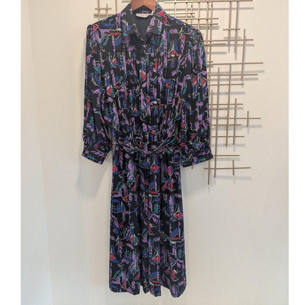 VTG Schrader Sport Abstract Print Belted Pleated Shirt Dress Midi Women's Sz‎ 14